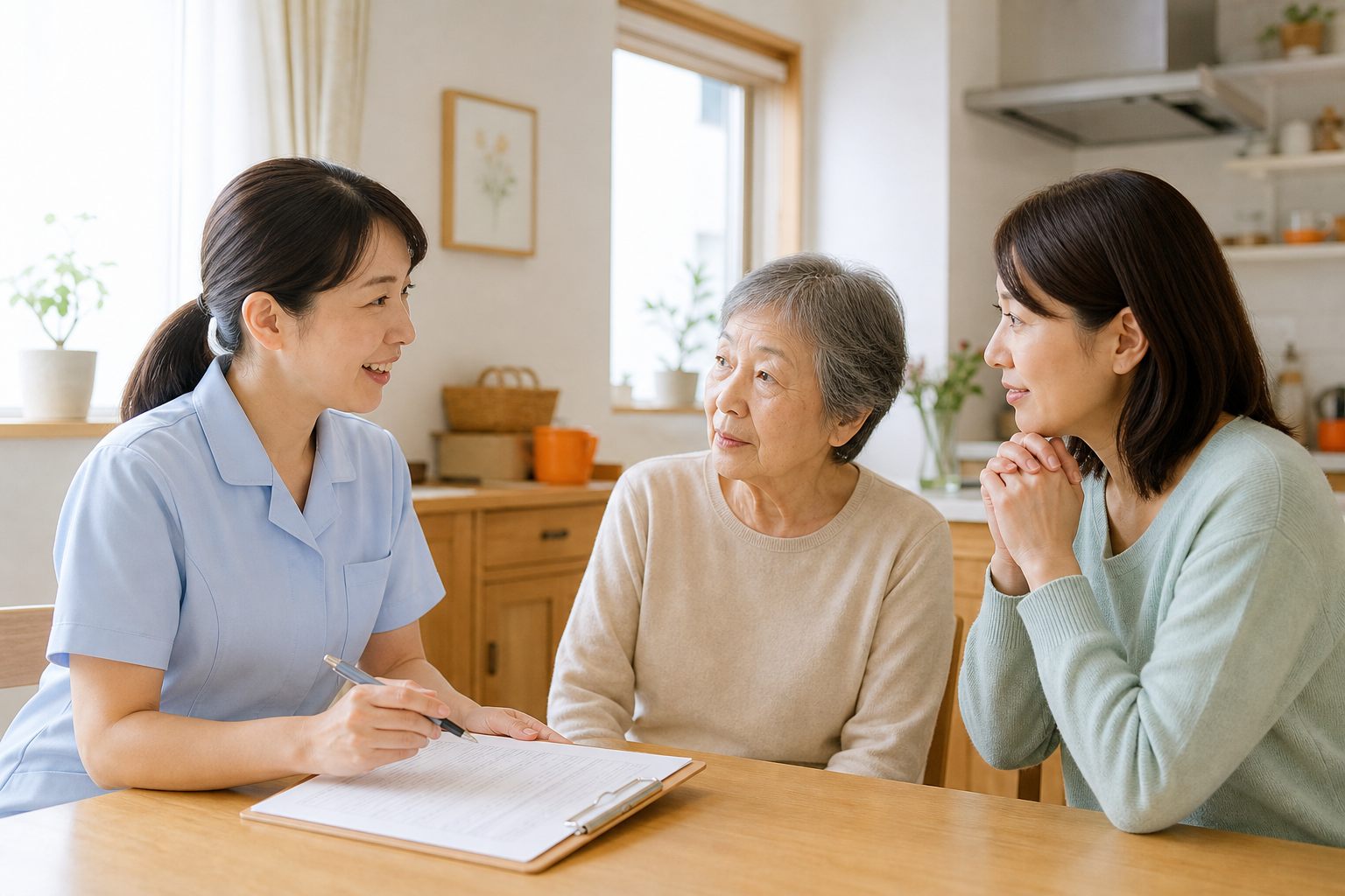 訪問看護師がご本人とご家族の相談を伺う様子