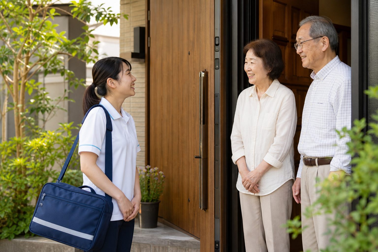 訪問看護師がご自宅へ訪問する様子
