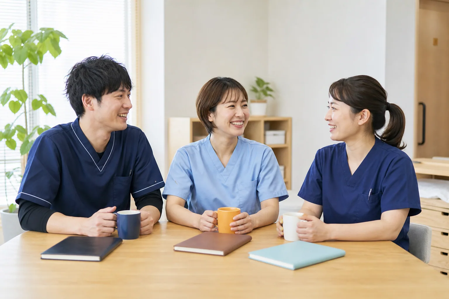 訪問看護のスタッフが職場で語り合う様子