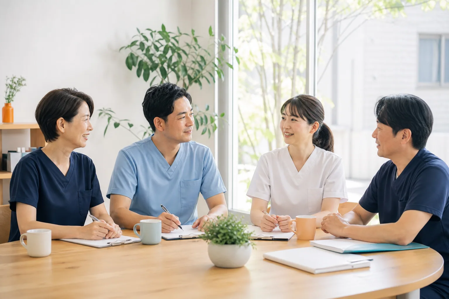 訪問看護のスタッフが明るい事業所で話し合う様子
