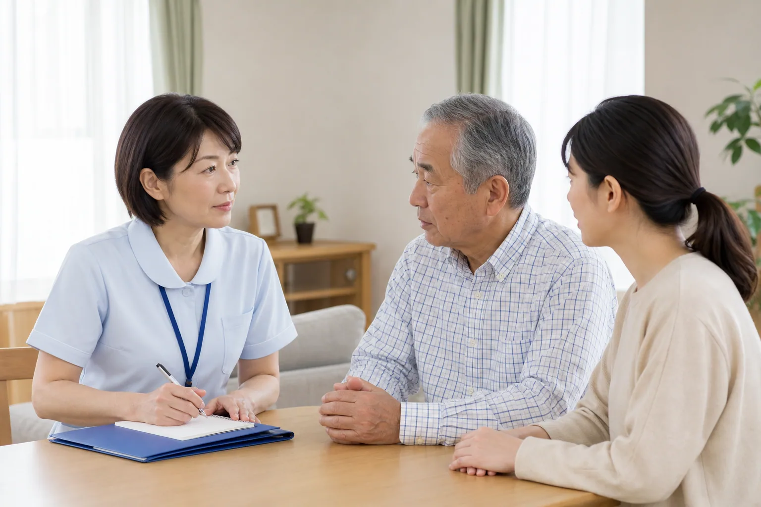 訪問看護師がご本人とご家族の相談を丁寧に伺う様子