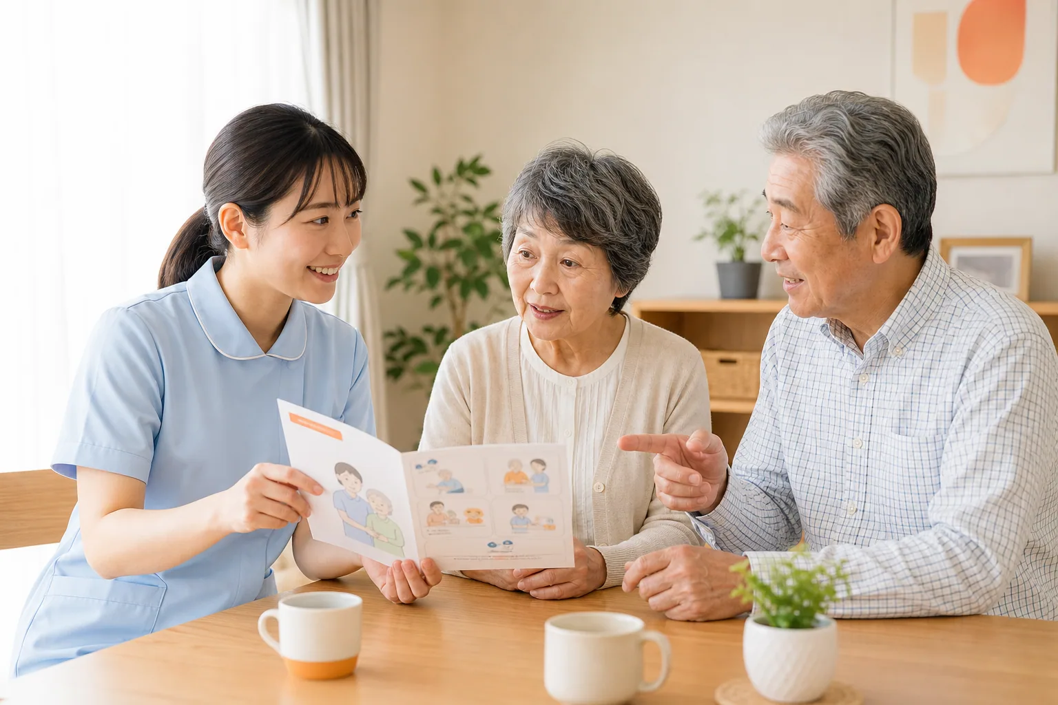 訪問看護師がご夫婦の質問に分かりやすく答える様子