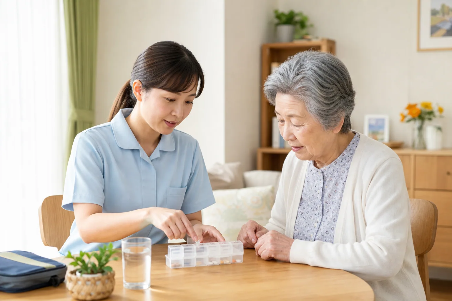 訪問看護師がご自宅で服薬を一緒に確認する様子